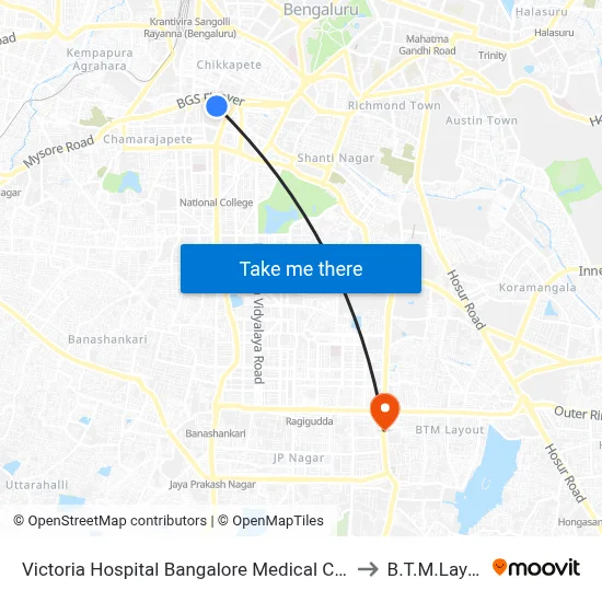 Victoria Hospital Bangalore Medical College to B.T.M.Layout map