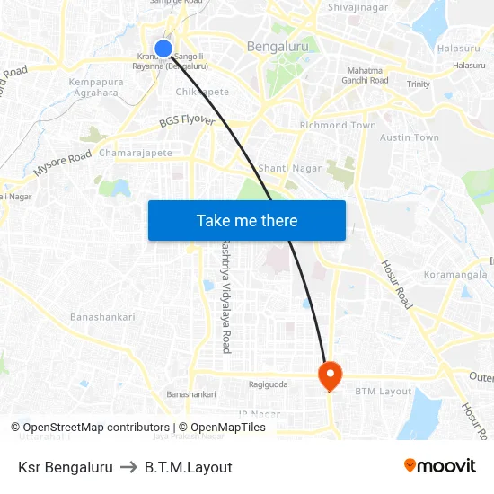 Ksr Bengaluru to B.T.M.Layout map