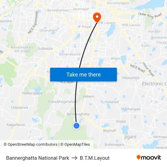 Bannerghatta National Park to B.T.M.Layout map