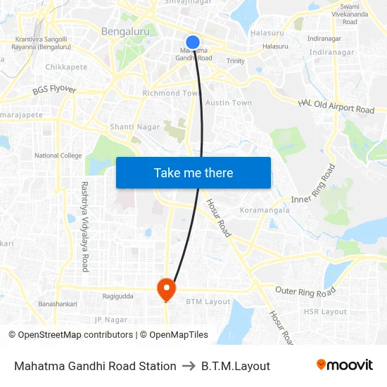 महात्मा गांधी रोड स्टेशन to बी.टी.एम. लेआउट map