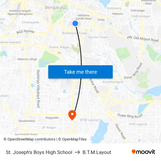 St. Joseph's Boys High School to B.T.M.Layout map