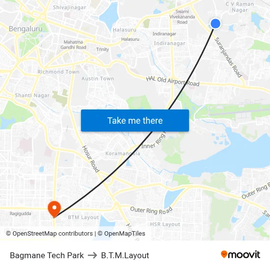 Bagmane Tech Park to B.T.M.Layout map