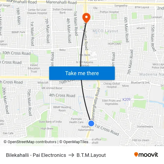 Bilekahalli - Pai Electronics to B.T.M.Layout map