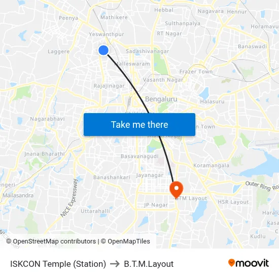 ISKCON Temple (Station) to B.T.M.Layout map