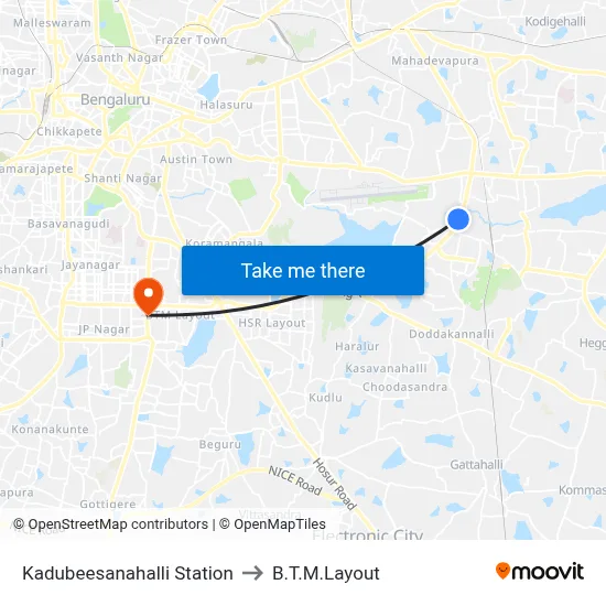 Kadubeesanahalli Station to B.T.M.Layout map
