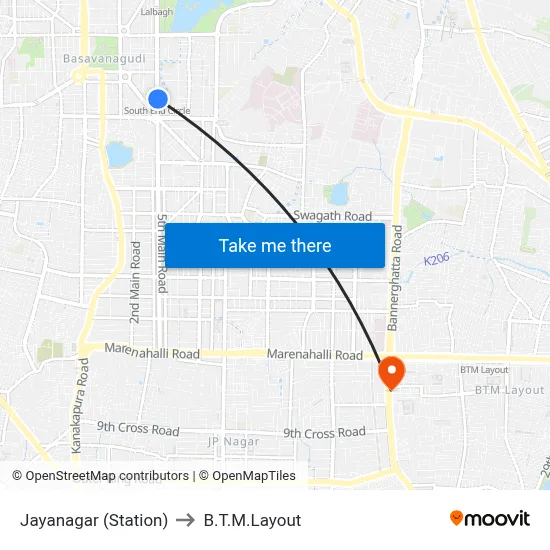 Jayanagar (Station) to B.T.M.Layout map