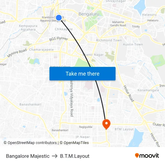 Bangalore Majestic to बी.टी.एम. लेआउट map