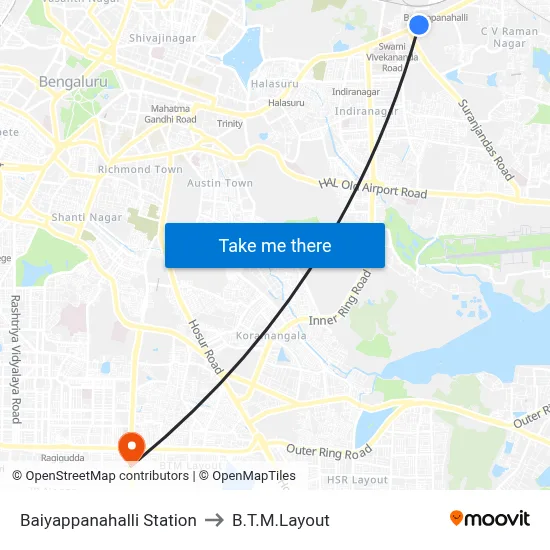 Baiyappanahalli Station to B.T.M.Layout map