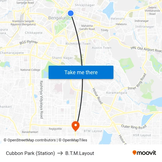 Cubbon Park (Station) to B.T.M.Layout map