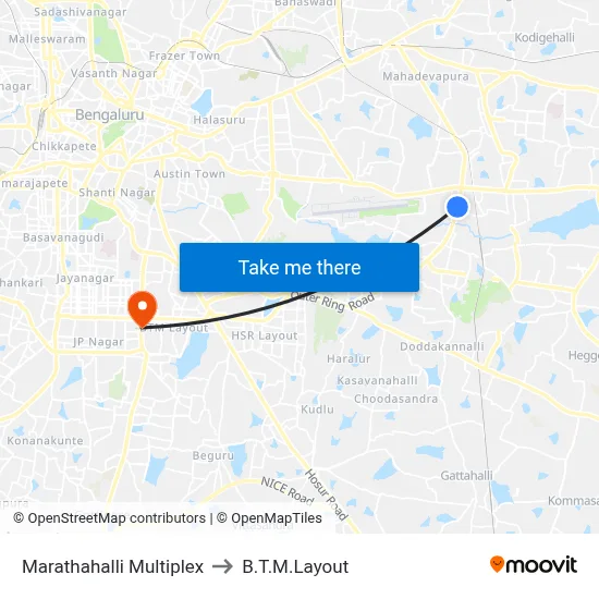 Marathahalli Multiplex to B.T.M.Layout map