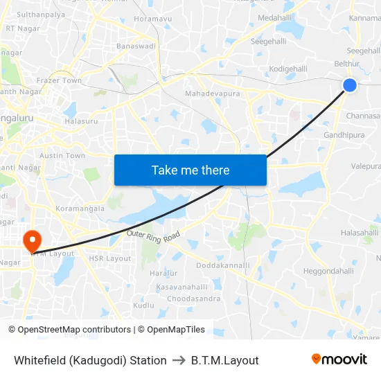 Whitefield (Kadugodi) Station to B.T.M.Layout map