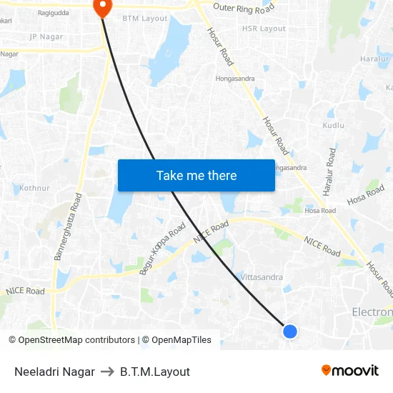 Neeladri Nagar to B.T.M.Layout map