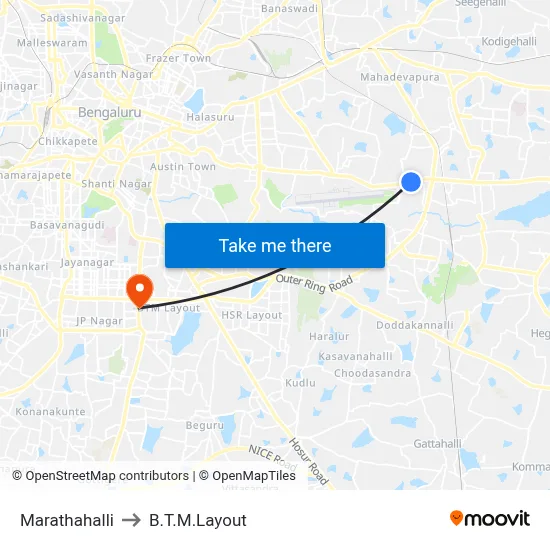 Marathahalli to B.T.M.Layout map