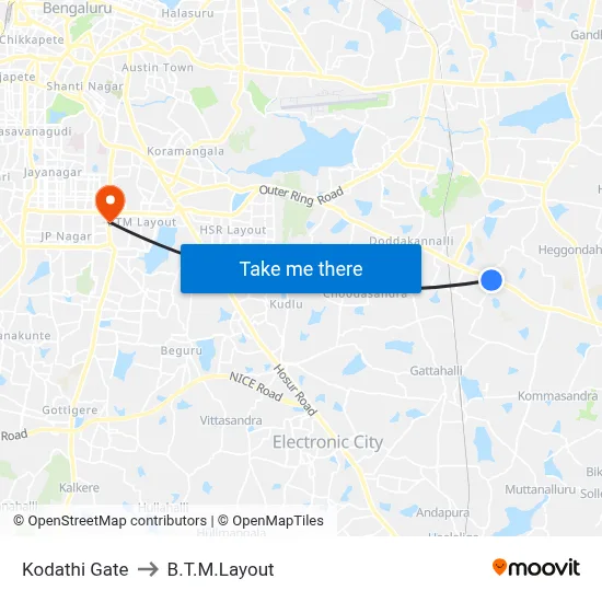 Kodathi Gate to B.T.M.Layout map