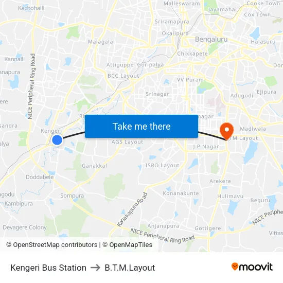 Kengeri Bus Station to B.T.M.Layout map