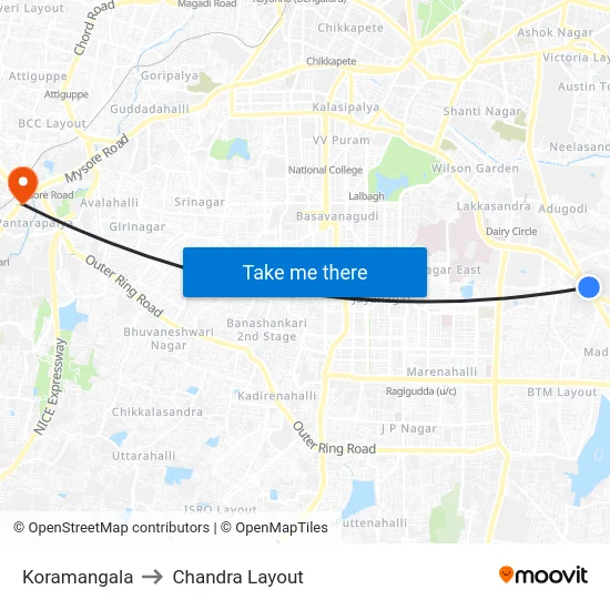 Koramangala to Chandra Layout map