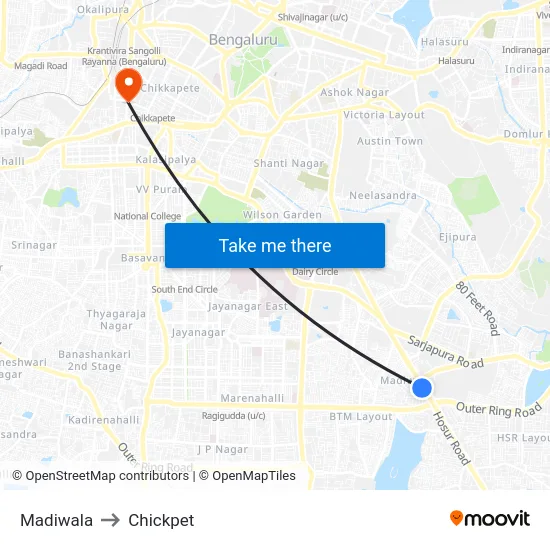 Madiwala to Chickpet map