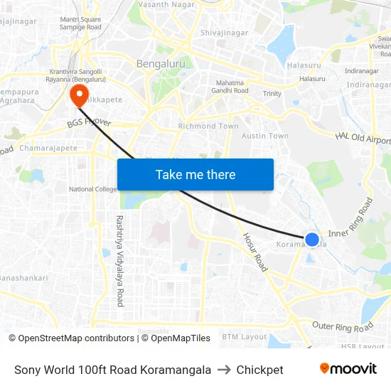 Sony World 100ft Road  Koramangala to Chickpet map