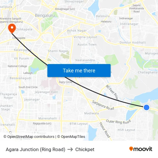 Agara Junction (Ring Road) to Chickpet map