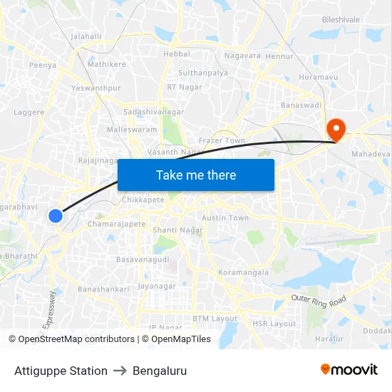 Attiguppe Station to Bengaluru map