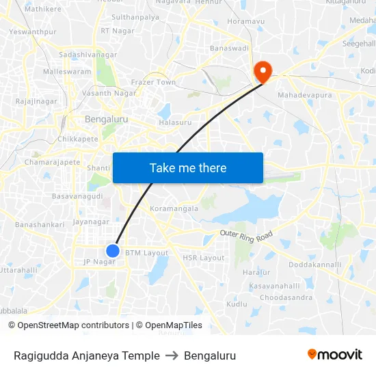 Ragigudda Anjaneya Temple to Bengaluru map
