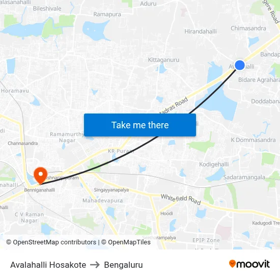 Avalahalli Hosakote to Bengaluru map
