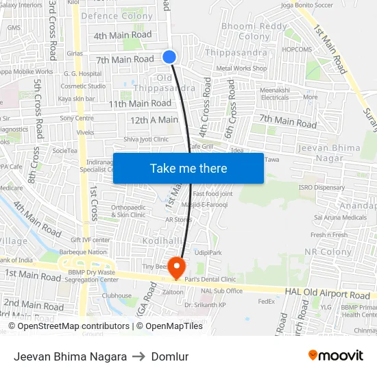 Jeevan Bhima Nagara to Domlur map