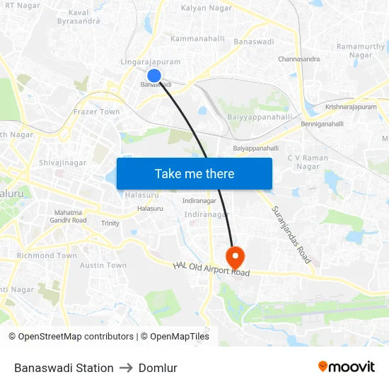 Banaswadi Station to Domlur map