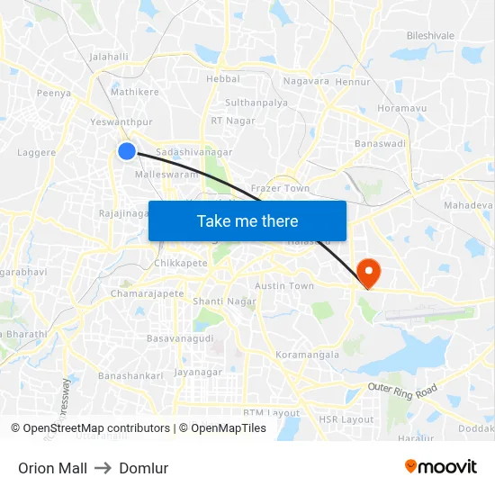Orion Mall to Domlur map