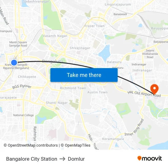 Bangalore City Station to Domlur map
