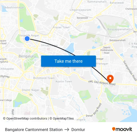 Bangalore Cantonment Station to Domlur map