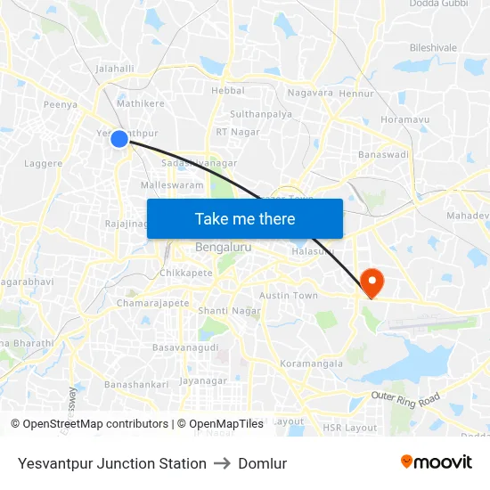 Yesvantpur Junction Station to Domlur map