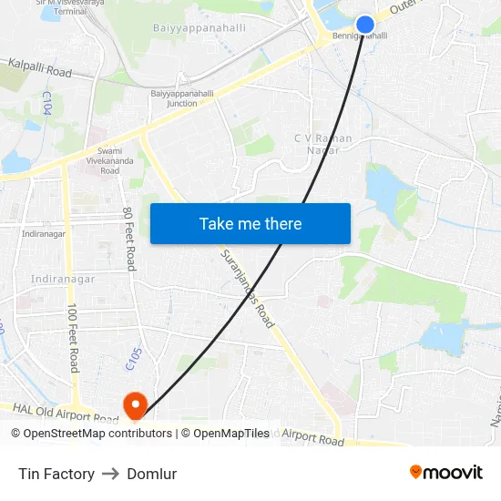 Tin Factory to Domlur map