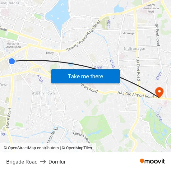Brigade Road to Domlur map