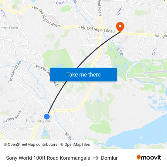 Sony World 100ft Road  Koramangala to Domlur map