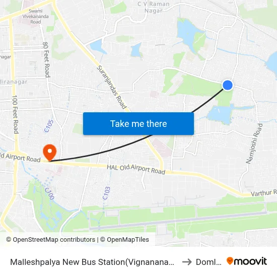 Malleshpalya New Bus Station(Vignananagar) to Domlur map