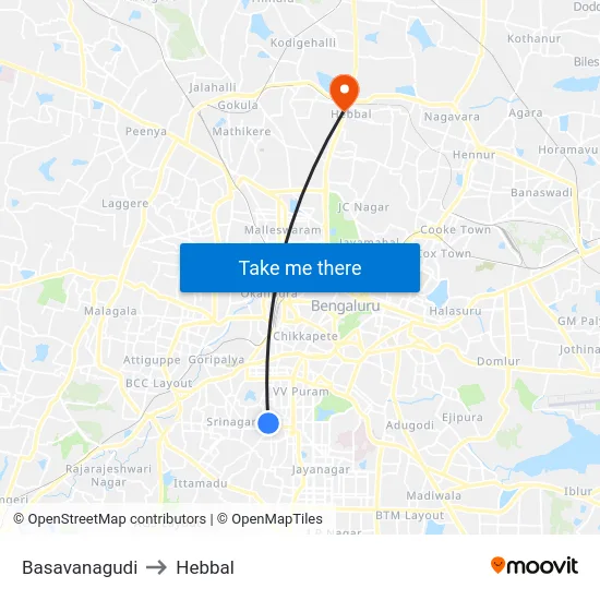 Basavanagudi to Hebbal map