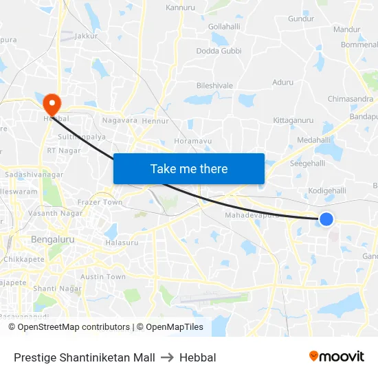 Prestige Shantiniketan Mall to Hebbal map