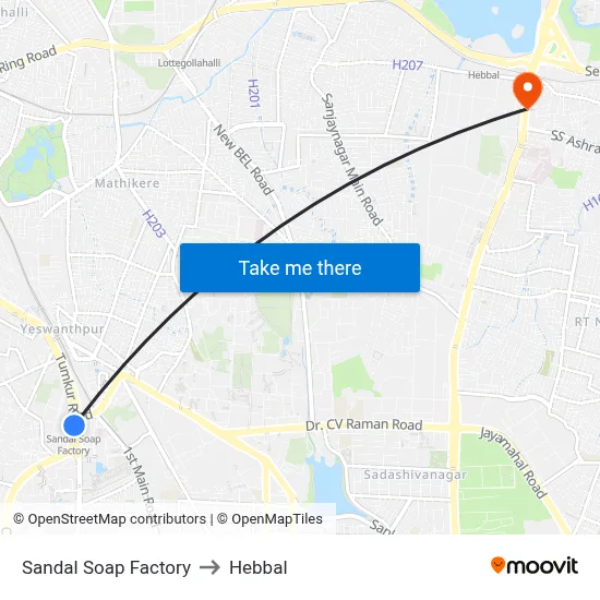 सैंडल सोप फैक्टरी to हेब्बाल map