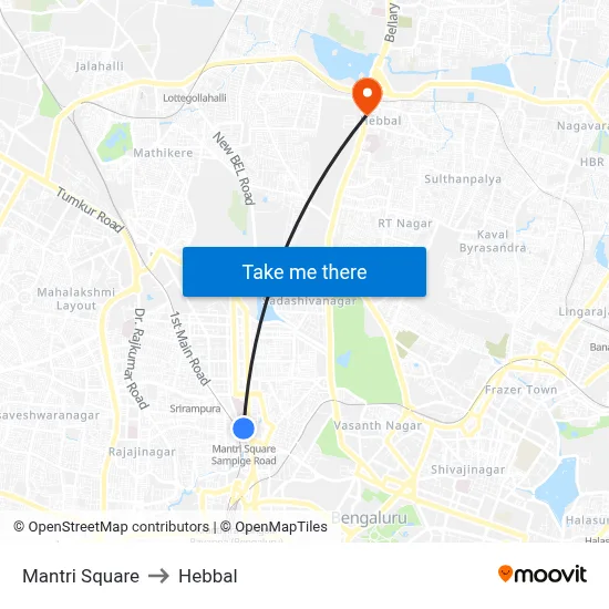 Mantri Square to Hebbal map
