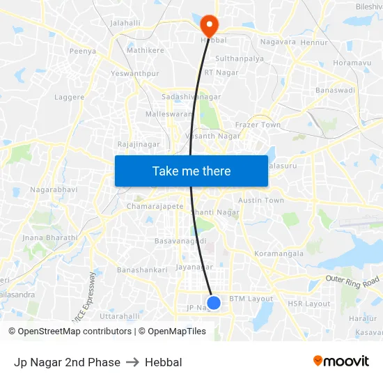 Jp Nagar 2nd Phase to Hebbal map