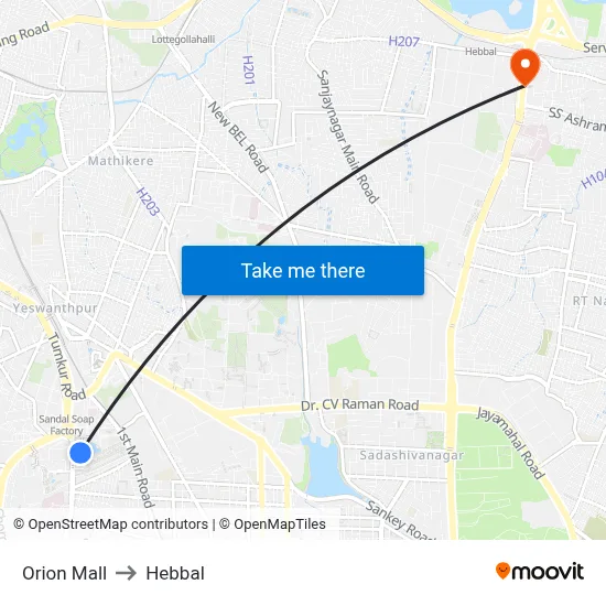 Orion Mall to Hebbal map