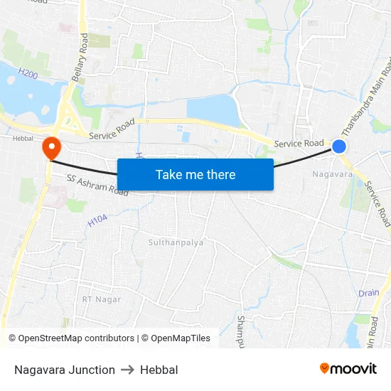 Nagavara Junction to Hebbal map