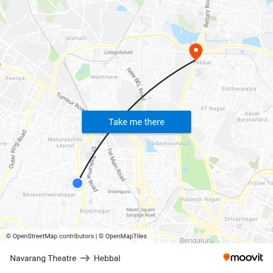 नवरंग थियेटर to हेब्बाल map