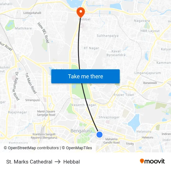 St. Marks Cathedral to Hebbal map
