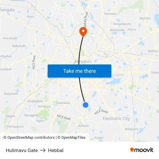 Hulimavu Gate to Hebbal map
