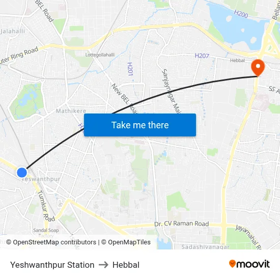 Yeshwanthpur Station to Hebbal map