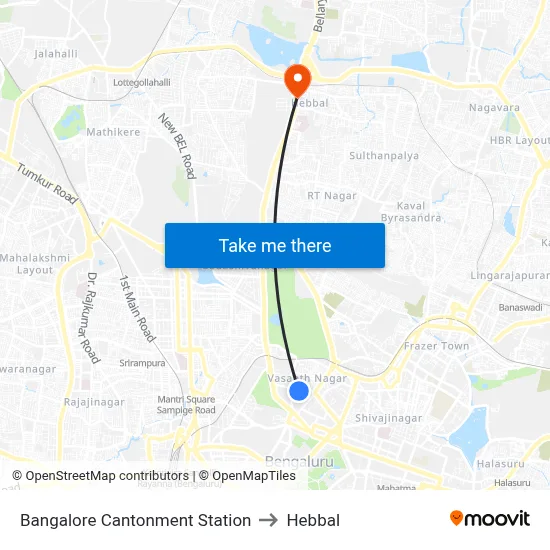 Bangalore Cantonment Station to Hebbal map