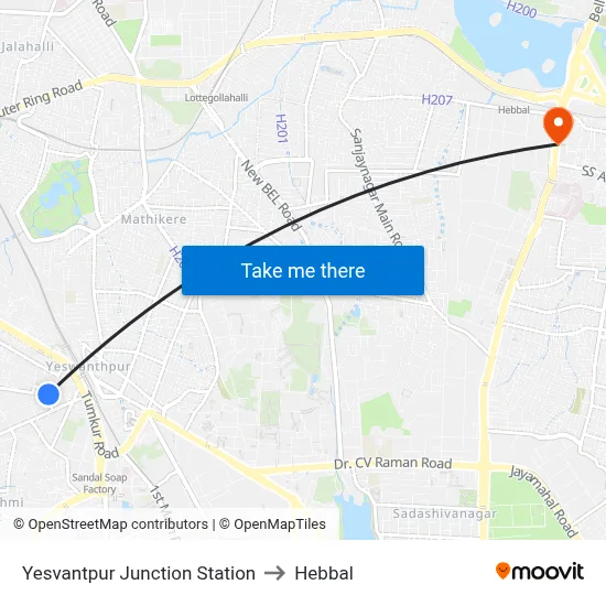 Yesvantpur Junction Station to Hebbal map