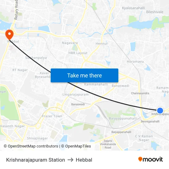 Krishnarajapuram Station to Hebbal map